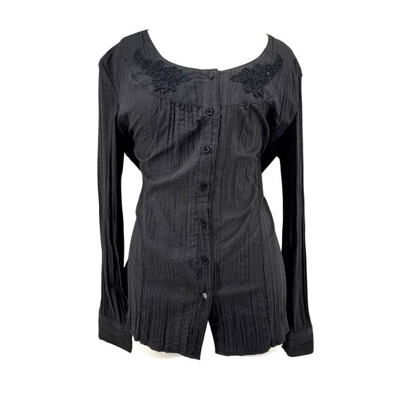 St. John’s Bay Black Button-Up Blouse Women’s Size Large Crinkle Texture - Picture 2 of 6